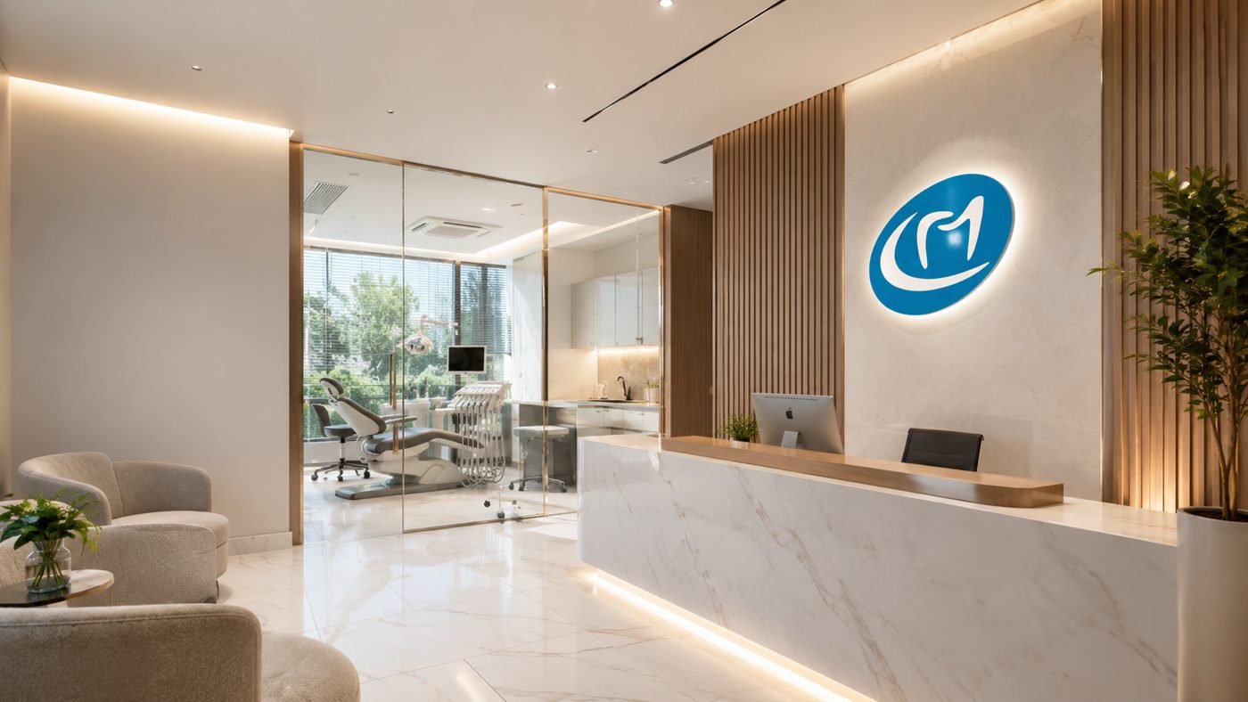 Recepção da Clínica Mendonça: mármore, madeira e o logo iluminado na parede